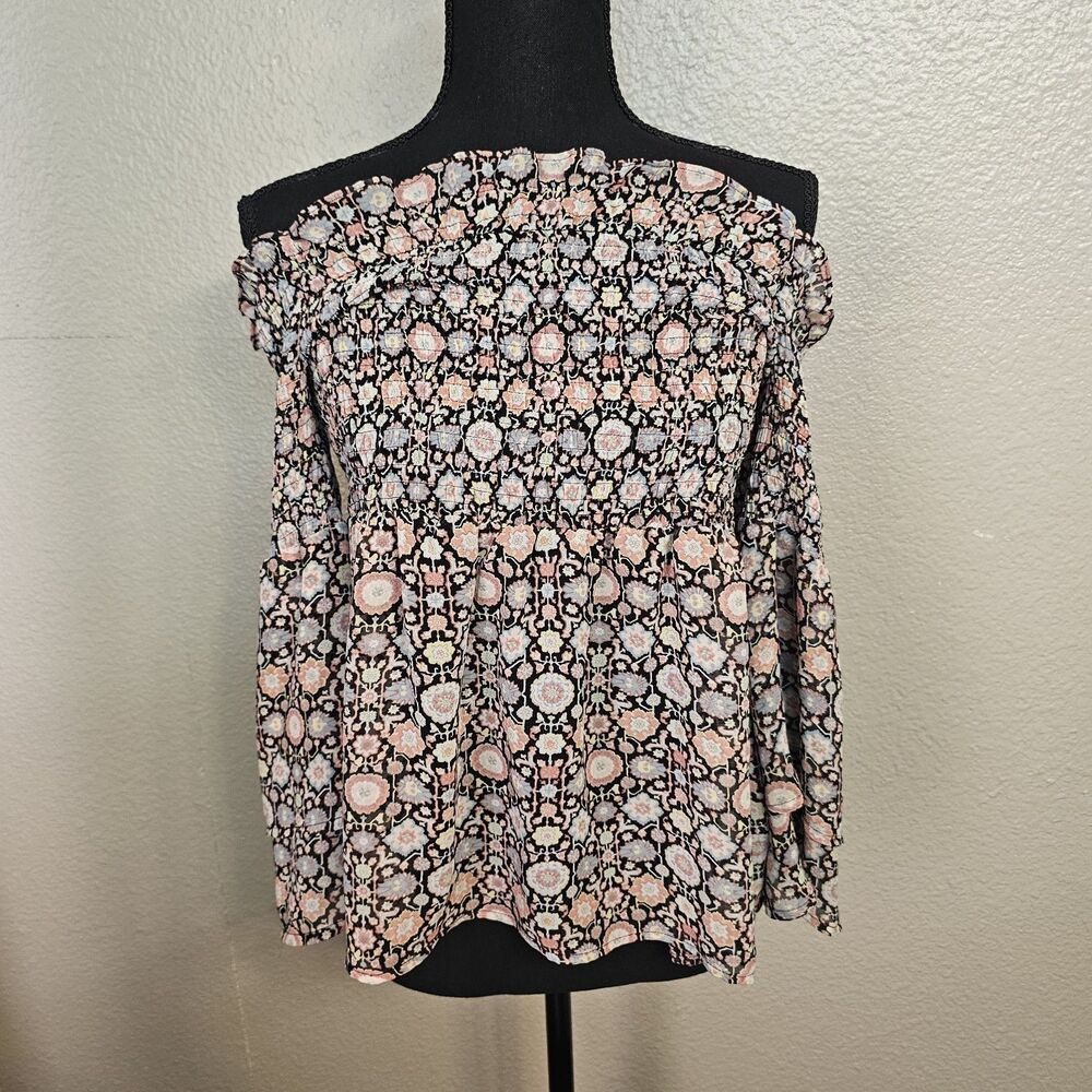 Belle Sky Womens L Off Shoulder Floral Blouse Boho Peasant Top Bell Sleeve S0057